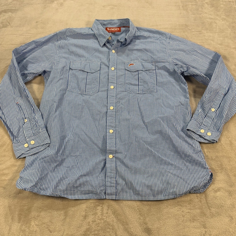 Simms Fishing Products Mens XL Blue Gingham Cotton Button Down Shirt Long Sleeve